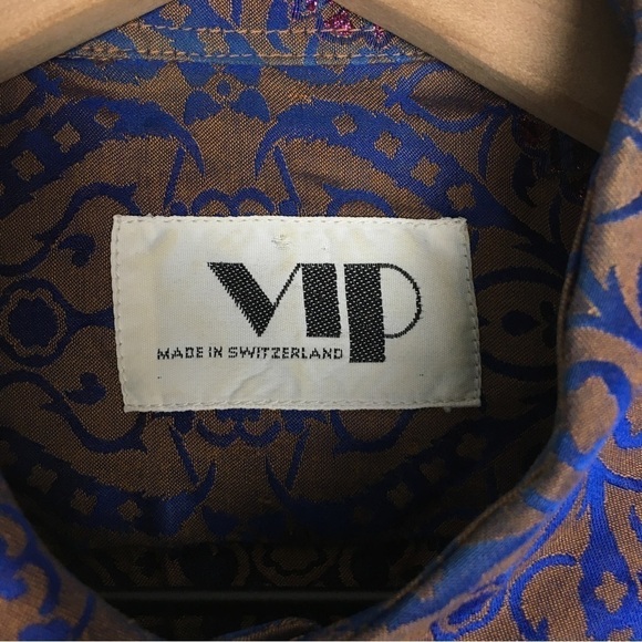 VINTAGE VIP Button Down Shirt Metallic Embroidered Shimmer Retro Funky Medium - Picture 6 of 14
